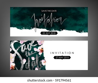 Trendy spring flowers vector invitation templates. Watercolor paint textured petals background. Soft velvet, blossom plum tree and shabby gold textures.