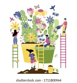 Trendy spring, gardening people concept. People plant and water spring flowers, interaction and common work of people, collaboration. As a symbol of a new life after disease and viruses. Vector