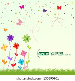 Trendy spring illustration with colored flowers and butterflies. Spring greeting card.