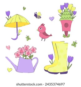 trendy spring item set, vector, flat, cartoon	