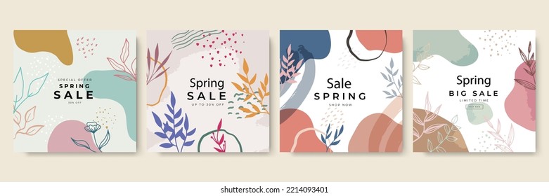 Trendy Spring sale floral square templates. Suitable for social media posts, mobile apps, cards, invitations, banners design and webinternet ads.
