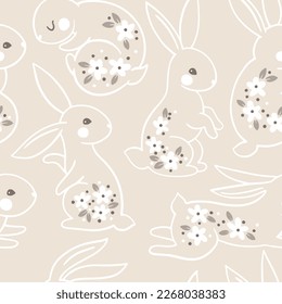 Trendy spring summer natural seamless pattern. A line of silhouettes of a bunny rabbit in a vector painted with small flowers. Hand drawn cartoon linocut of a cute forest character and a daisy