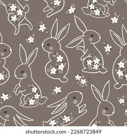 Trendy spring summer natural seamless pattern  A line silhouettes bunny rabbit in vector painted and small flowers  Hand drawn cartoon linocut cute forest character   daisy