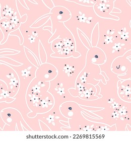 Trendy spring summer natural seamless pattern. A line of silhouettes of a bunny rabbit in a vector painted with small flowers. Hand drawn cartoon linocut of a cute forest character and a daisy