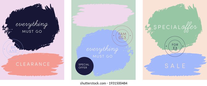 Trendy spring summer sale clearance online in store communication concept. Pastel colours paintbrush acrylic strokes background. Web banner poster social media template. Display newsletter e-commerce