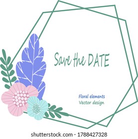 Trendy square art card with floral and geometric elements. Template for greeting, gratitude, invitation to a wedding, party, or save the date