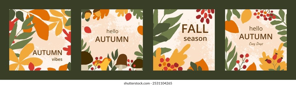 Trendy square autumn cards collection. Different leaves, berries and mushrooms with grunge texture effect and rough edges. Hand drawn illustration.
