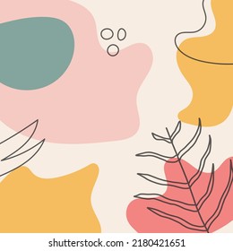 Trendy square banner template with abstract and leaves decoration. Simple doodle shapes and nature floral elements. Vector illustration for poster, flyer, brochure, presentation design, business card