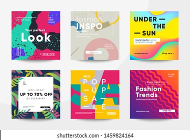 Trendy square banners for social media promotion with creative typography. Different styles deisgn: tropic, geometric, bauhaus and fluid. Eps10 vector.