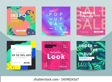 Trendy square banners for social media promotion with creative typography. Different styles deisgn: tropic, geometric, bauhaus and fluid. Eps10 vector.