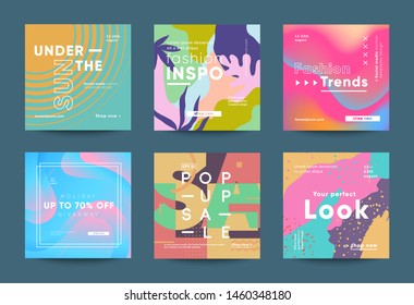 Trendy square banners for social media promotion with creative typography. Different styles design: tropic, geometric, bauhaus and fluid. Eps10 vector.