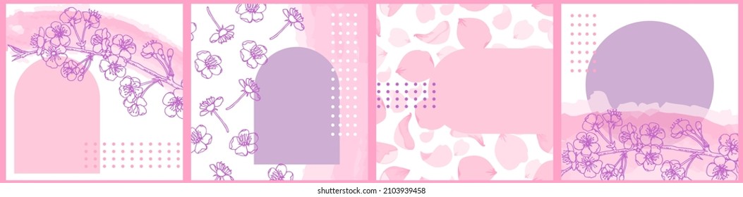 Trendy square designs with hand drawn sakura blosoom and geometric elements. Set suitable for social media posts, mobile apps, card, banners design and internet ads. Vector illustration