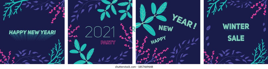 Trendy square flat neon new year templates with branches of Christmas tree, red holly ilex berries and other floral elements. Vector background for social media posts and banners design.