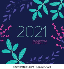 Trendy square flat neon new year invitation  template with branches of Christmas tree, red holly ilex berries and other floral elements. Vector background for social media posts and banners design.