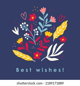 Trendy square floral greeting card template. Hand drawn flower flat vector illustration. Suitable for social media posts, mobile apps, banners design and web internet ads. Vector fashion backgrounds.