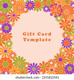Trendy square groovy greeting card template. Colorful hippie flowers flat vector illustration. Suitable for greeting card, social media posts, mobile apps, banners design and web internet ads. Vector