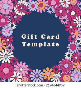 Trendy square groovy greeting card template. Colorful hippie flowers flat vector illustration. Suitable for greeting card, social media posts, mobile apps, banners design and web internet ads. Vector