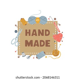 Trendy  square kraft paper label or sticker with tools  for hand made products isolated on white background. Vector organic simple illustration