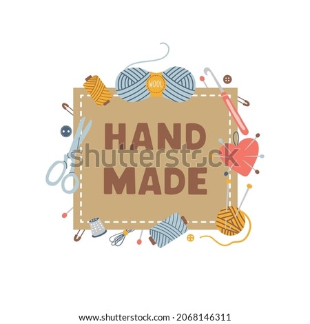 Trendy  square kraft paper label or sticker with tools  for hand made products isolated on white background. Vector organic simple illustration