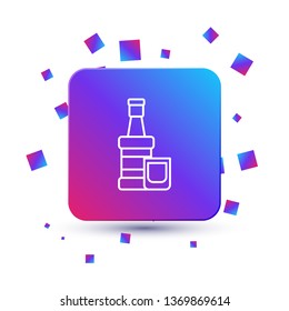 Trendy square with particles Whiskey bottle with glass. Alcohol concept