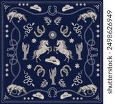 Trendy square pattern with horse , Rope, horse shoe, cowboy boots , Western bandana Seamless pattern ,Design for fashion , fabric, textile, wallpaper , wrapping and all prints