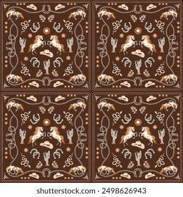 Trendy square pattern with horse , Rope, horse shoe, cowboy boots , Western bandana Seamless pattern ,Design for fashion , fabric, textile, wallpaper , wrapping and all prints