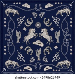 Trendy square pattern with horse , Rope, horse shoe, cowboy boots , Western bandana Seamless pattern ,Design for fashion , fabric, textile, wallpaper , wrapping and all prints