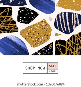 Trendy square template with organic shapes, hand drawn elements and terrazzo flooring texture. Contemporary abstract collage sale brochure, social media post, magazine cover, packaging and branding.