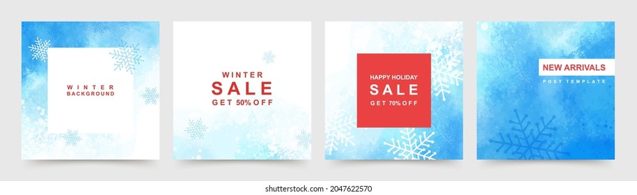 Trendy square Winter Holidays  templates. Christmas winter sale social media post frame with snowfall and snowflakes shape.  Suitable for mobile apps, banner design and web  internet ads. Vector 