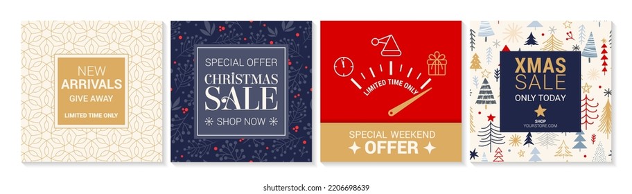 Trendy square Winter Holidays templates. Christmas winter sale social media post frame with snowfall and snowflakes shape. Suitable for mobile apps, banner design and web internet ads. Vector