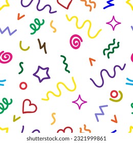 Trendy squiggles  90s style seamless pattern. Simple childish print. For textile, backdrop, packaging. Vector illustration