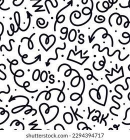 Trendy squiggles seamless pattern. Fun black white line doodle with shapes crown, heart, numbers of 90s, 00s, y2k with curly confetti. Simple childish print. For textile, backdrop, packaging