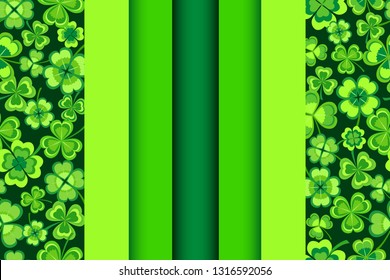 Trendy st. Patrick day background seamless pattern and green leaf clover. Spring nature backdrop with shamrock, 3d cut ribbon. Paper art style. Floral stylish modern wallpaper. Graphic design, vector