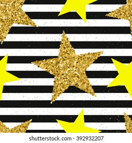 Trendy stars color vector seamless pattern. Gold glittering stars confetti seamless pattern on striped background. Invitation, wedding card, valentine's day, birthday, save the date invitation