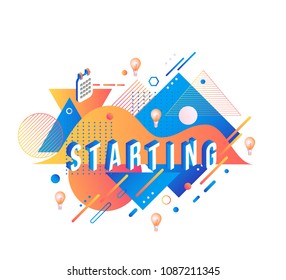 Trendy starting poster, banner background template with orange red color abstract geometric shapes- squares and circles and light bulbs, calendar planner icon. Vector modern advertising illustration