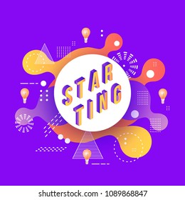Trendy starting poster, banner background template with orange red color abstract geometric shapes- circles and triangles and light bulbs icon on purple. Vector modern advertising illustration