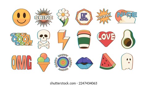 Paquete de stickers de moda. Parches de dibujos animados y estampillas con caracteres y textos de historietas abstractos, insignias de hipster de moda con frases graciosas. Conjunto de vectores de pegatinas gráficas graciosas e ilustración de parches