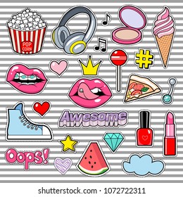 Trendy sticker pack heart, crown, lips, sneakers, cloud, diamond. Cute fashion stikers kit. Doodle pop art sketch badges and pins. Vector hand drawn patches set