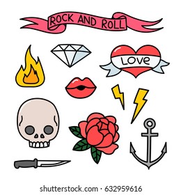 Trendy sticker pack with rose, heart, lips, skull, fire, lightning, crystal, anchor, knife, ribbon with the inscription rock and roll. You can use as stickers, icons, pins, patches, etc.