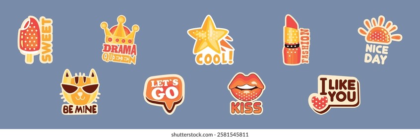 Trendy Sticker and Patch with Cool Inscription Vector Set