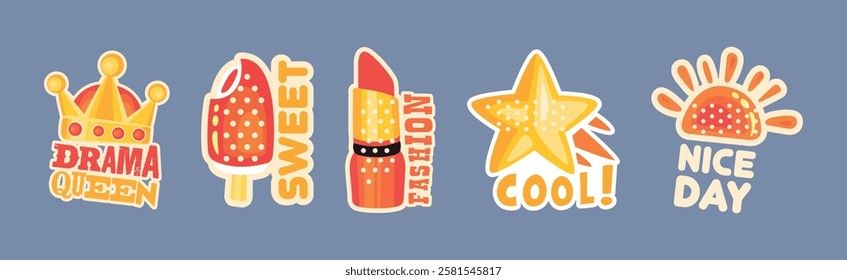 Trendy Sticker and Patch with Cool Inscription Vector Set