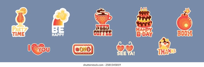 Trendy Sticker and Patch with Cool Inscription Vector Set