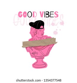 Trendy sticker of pink marble statue of man. Good vibes. Sticker design. 