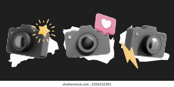 Trendy sticker set with contemporary elements. Halftone Camera with like, sparkling star and flash lightning. Vector retro modern illustration. Vintage pop art composition. Cutout magazine shapes