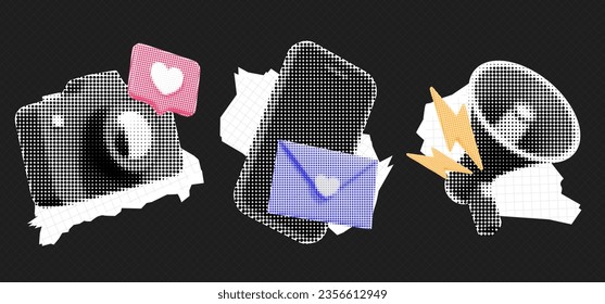 Trendy sticker set with contemporary elements. Halftone phone with envelope, camera with like and megaphone. Vector retro illustration. Vintage pop art composition. Cutout magazine shapes