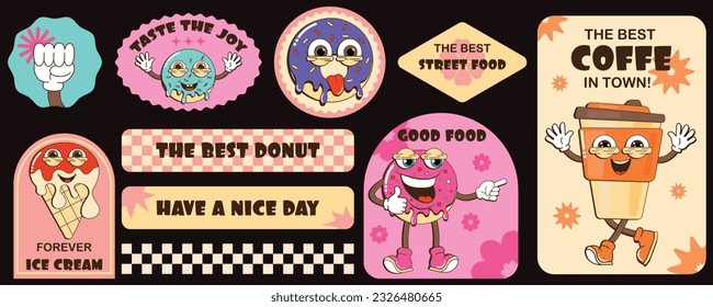 Trendy sticker set with cool retro characters of donut, coffee, ice cream. Mascot branding for cafe, takeaway, breakfast. Fresh bakery menu. Vector illustration.