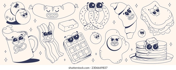 Trendy sticker set with funky food characters. Branding mascots for cafe, restaurant, bar. Fresh pastries, pretzel, croissant, French toast, coffee, pancakes, waffles, bacon, eggs, sausage. Monochrome