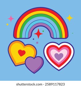 Trendy stickers with with rainbow hearts, rainbows, celebrating Pride Month. Alpha channel transparency