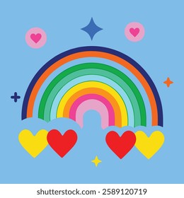 Trendy stickers with with rainbow hearts, rainbows, celebrating Pride Month. Alpha channel transparency