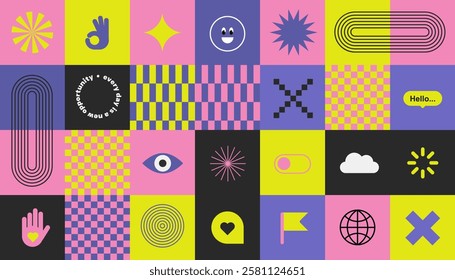 Trendy stickers Y2k in bento grid. Checker board print Retro elements. Flat design. Bright colors and funky typography. Contrasting colors, zine aesthetic. Vectored shapes. Horizontal composition